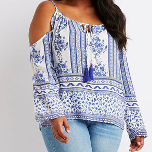 Plus Size Boho Print Tie-Front Cold Shoulder Top